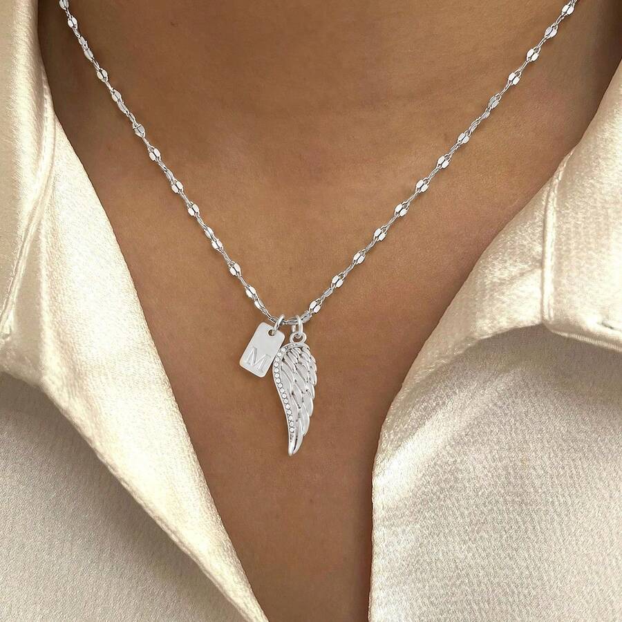 1pc New Fashion Rectangular Initial Angel Wings Pendant Silver Stainless Steel Lip Chain Necklace For Women - Silver - View 1