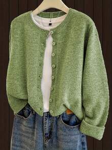 Minimalist Korean Style Grass Green Round Neck Knit Cardigan, Slouchy Versatile Long Sleeve Short Knit Top Fall - Green - View 1