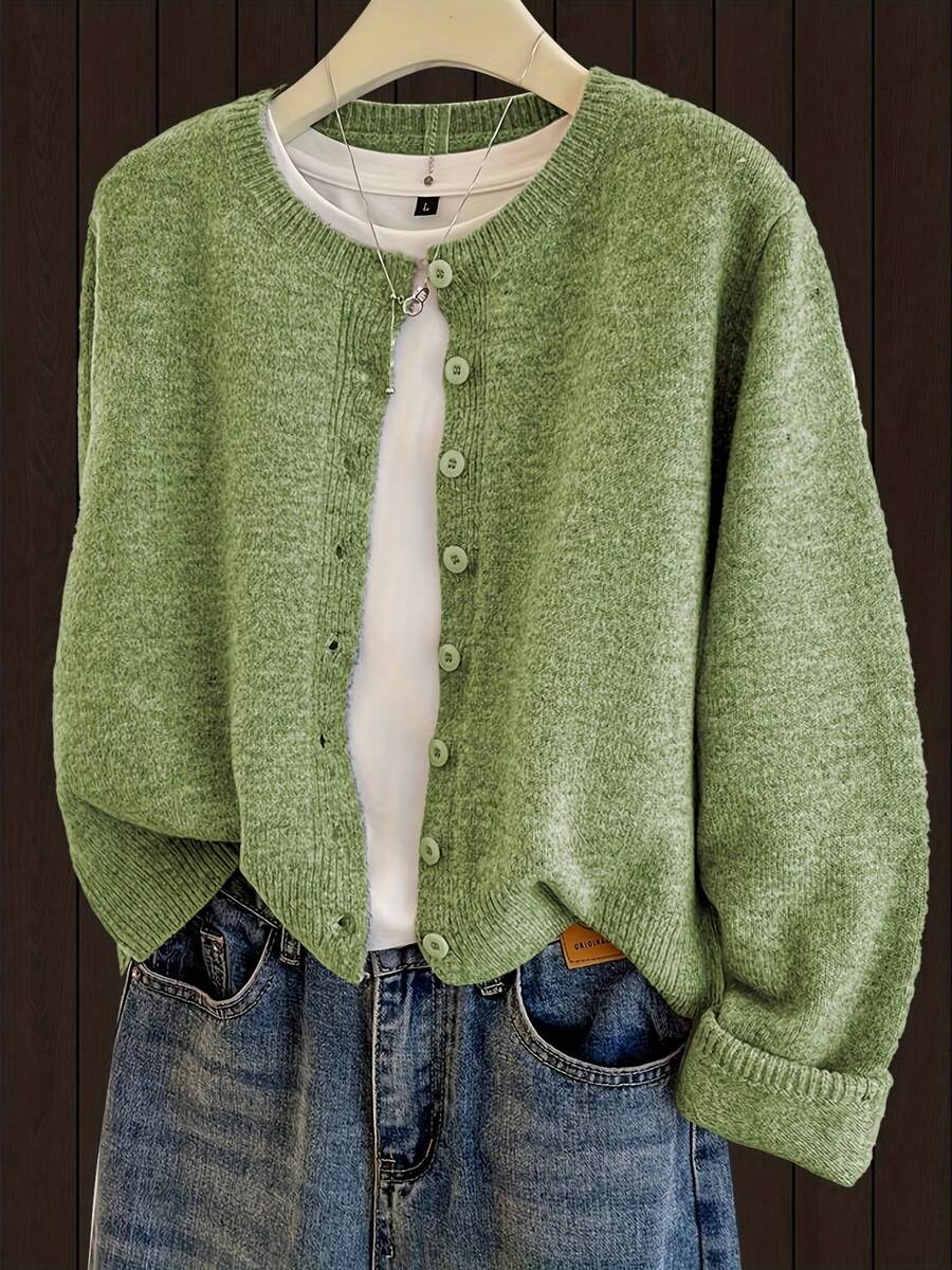 Minimalist Korean Style Grass Green Round Neck Knit Cardigan, Slouchy Versatile Long Sleeve Short Knit Top Fall - Green - View 1