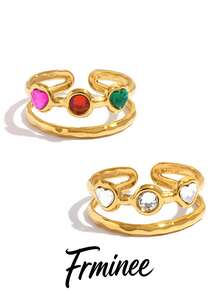 Frminee 2 Stücke/1 Stück 18K vergoldeter Edelstahl Doppelschicht offener Ring, bunter Herz-Kubikzirkonia verstellbarer Ring, wasserfest, nicht verblassend, exquisiter Statement-Schmuck - Verschiedenfarbig - Übersicht 5