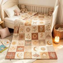 1PC Vintage Warm Brown Patchwork Sun Moon Moth & Plant Print Flannel Throw Blanket, Bohemian Style, For Home, Living Room, Sofa, Nap, Decorative Air Conditioning Blanket - Multicolor - View 8
