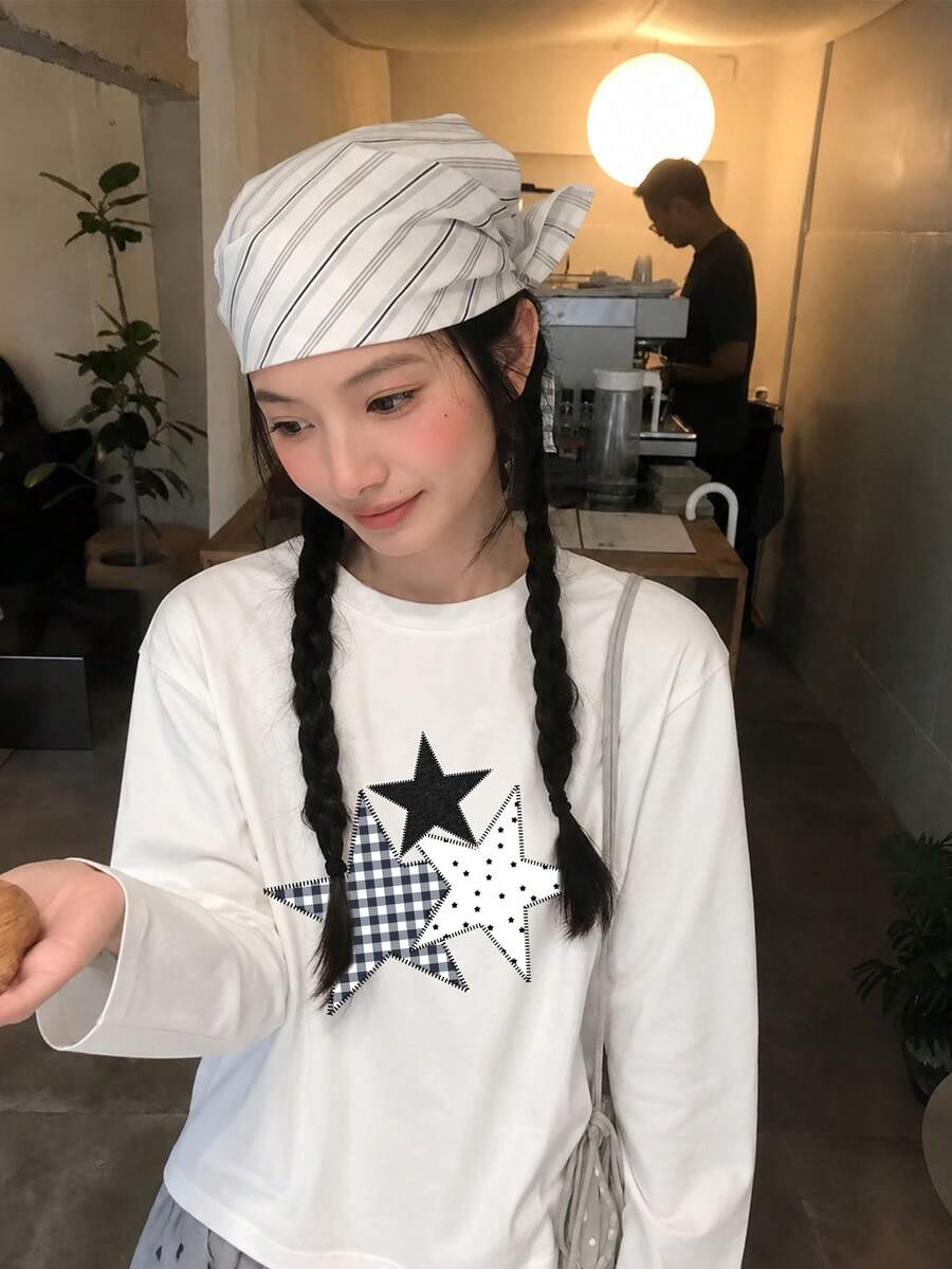 Women's Star & Letter Print Crew Neck Long Sleeve T-Shirt, American Casual Lazy Style, Versatile Autumn Base Layer - White - View 1