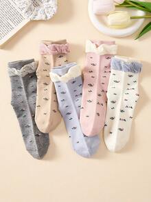 5 Pairs Ins Style Ruffled Ditsy Floral Mid-Calf Socks, Japanese Cute JK Lolita Student Slouch Socks For Girls, Soft And Comfortable, White And Pink, Suitable For Daily Wear And All Seasons - Multicolor - View 10