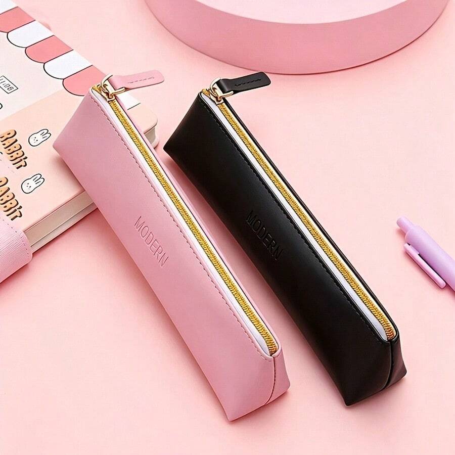 Zipper PU Leather Pencil Case, Suitable As Gift For Son And Daughter - Pink + Black - 2 Pieces - View 1