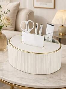 Luxury Vertical Striped PU Leather Oval Tissue Box, Elegant Gold-Edged Napkin Dispenser - Multicolor - View 12