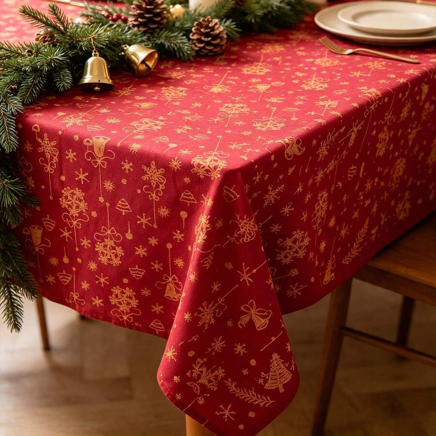 1pc Christmas Red Plaid Tablecloth With Snowflakes, Double Sided Printed Farmhouse Xmas Decorative Table Cover For Holiday Dinner Party, Rectangular Washable Fabric Table Cloth For Kitchen Dining Home Decor - Red - View 1