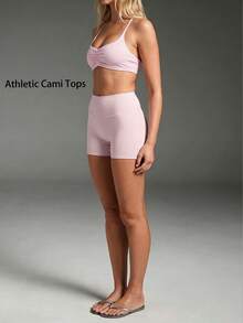 Women's Casual Sport Criss Cross Ruched Bust Removable Pads Crop Tops,Solid Color Adjustable Strap Basic Softery Camisole,For Yoga,Outdoor Sports - Pink - View 7
