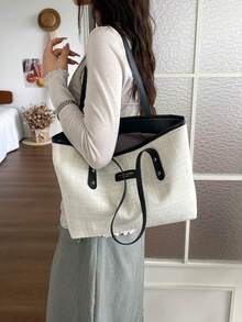 歐美跨境女款個性化大容量極簡亞麻托特包，新款菱格紋絎縫通勤單肩托特包 - 黑色 - 查看 4
