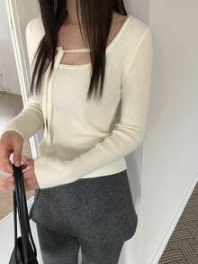 甜美溫柔系前綁帶長袖針織毛衣,約會之夜穿搭 - 乳白色 - 查看 4