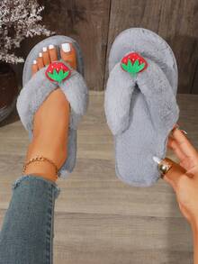 Girl Style 3D Strawberry Plush Flip Flops, Thick Sole Soft Fur Home Slippers For Women, Casual Outdoor Wear Fuzzy Shoes - Grey - View 5