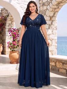 Gaun Malam Panjang Elegan untuk Musim Panas, Berkerah V, Berpayet, Motif Bunga Renda, Lengan Kupu-kupu, Warna Kontras, Pinggang Berkerut, dan Hem Chiffon Berkerut - Navy Blue - View 6