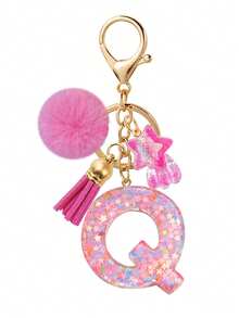 1個拼色樹脂英文字母鑰匙圈，時尚女款包包吊飾，附蝴蝶、流蘇與毛球鑰匙環，送給好友的禮物 - 淺粉色 - 查看 34