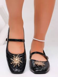 planare Vintage Woven Texture Black Square Toe Mary Jane Shoes, Metal Sunflower Buckle With Adjustable Single Strap Design, Soft Leather Flexible Lightweight Comfortable, Soft Sole For Long Wear Without Fatigue, Versatile French Ballet Shoes For Daily Commute, Office Work, Casual Outings, Comfortable Women's Shoes, Apartment, Women's Apartment, Black Shoes, Mary Jane Shoes - Black - View 10