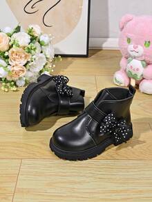 Girls' Black Bow Decor Ankle Boots, Autumn/Winter New Hook-And-Loop Thick Sole Non-Slip Versatile Casual Ankle Boots - Black - View 5