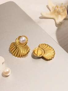 Uworld Ocean Vacation Style 18K Gold Plated Stainless Steel Waterproof Starfish Shell Stud Earrings Pearl Conch Earrings For Women - Yellow Gold - View 4