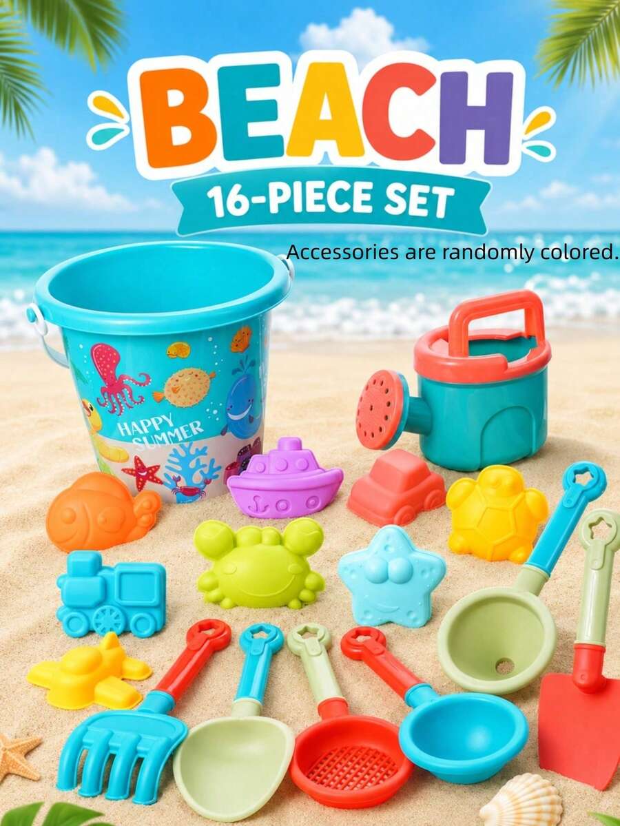 14/16pcs Kids Beach Toy Set, Includes Bucket, Watering Can, Shovel, Rake And Animal Molds, Colorful Outdoor Seaside Play Accessories - Multicolor - View 1