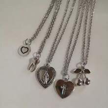 Collar de 5 piezas nuevo para mujer con diseño de corazón y cruz, estilo gótico, joyería estética, collar Harajuku - Plateado - Ver 3