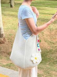 Crochet Floral Decor Colorful Square Crochet Strap Knit Shoulder Bag Open Closure Spacious Convenient Access Suitable For Travel Vacation Outing Commute Shopping - Beige - View 7