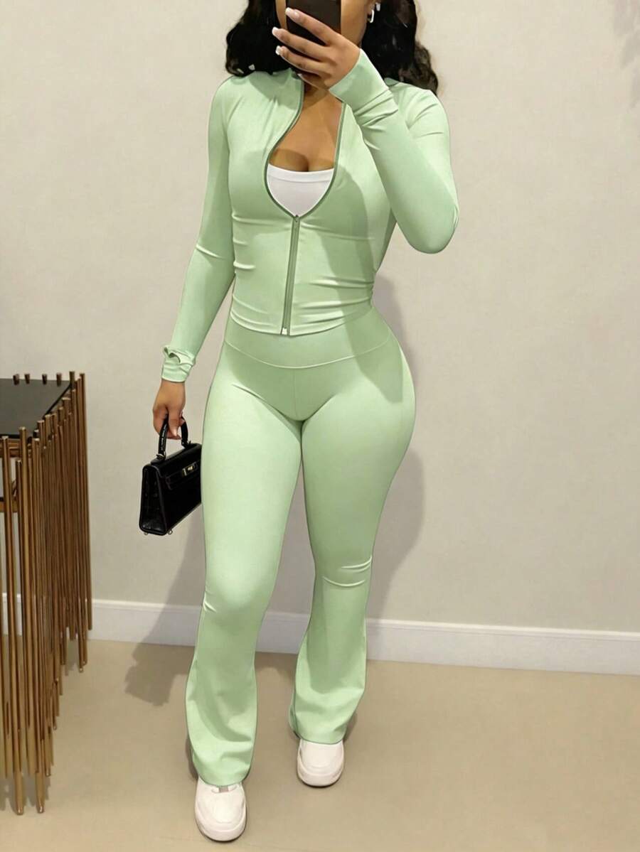 Autumn/Winter European Women's Fashion Cardigan Sexy Slim Fit Zipper Top Loose Wide Leg Pants Set - Mint Green - View 1