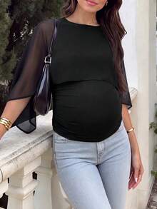 Maternity Round Neck Top For Pregnant Women, Draped Chiffon Sleeves With Side Ruched Detail, High Elasticity Maternity T-Shirt For Casual, Commute And Daily Wear - Black - View 1