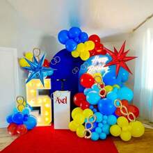 140 piezas Juego de arco y guirnalda de globos rojo, azul y amarillo, globos lisos con diseño de estrella, adecuado para decoración de fiesta de cumpleaños con tema de carnaval y circo - Multicolor - Ver 6