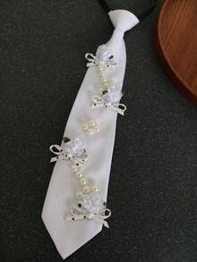3D Flower Pearl String Polka Dot Bowknot White Tie-Free Necktie For Women, Exquisite Shirt Decoration Necktie For Girls - White Small Flower Pearl - View 6