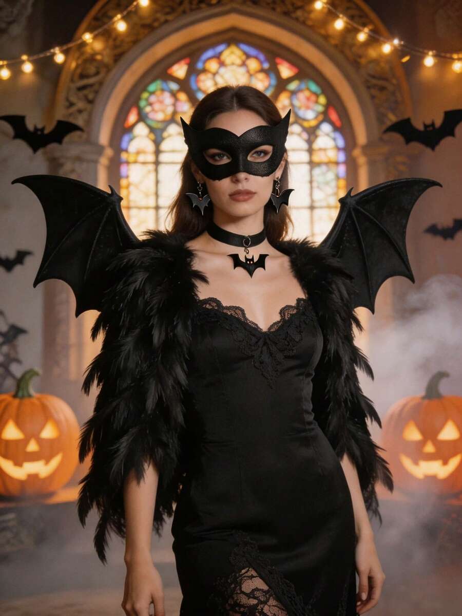 2pcs Halloween Bat Themed Costume Set, Vampire Outfit, Role Play Photo Props, Suitable For Halloween, Costume Party And Themed Party - Multicolor - View 1