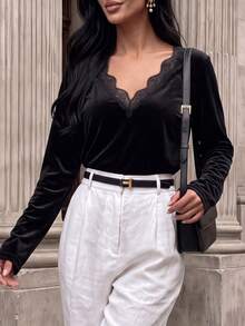 Herbst Damen Samt Langarm Top, Spitzenbesatz V-Ausschnitt elegante figurbetonte Bluse - Schwarz - Übersicht 6