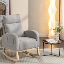 Mid‑Century Modern Teddy Fabric Rocking Chair, Ergonomic Padded Rocker Armchair With Side Storage Pocket, Solid Wood Rocking Legs For Living Room, Bedroom, Reading Nook - Grey - View 4