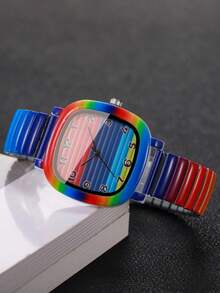 Women's Square Rainbow Gradient Quartz Watch, Elastic Expandable Band Rainbow Gradient Digital Dial Niche Design Wristwatch, Exquisite Gift For Girlfriend (1pc/Set) Watch Box Not Included - Multicolor - View 7