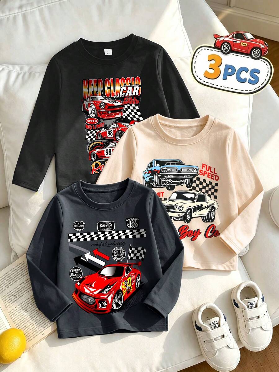 Bộ 3 áo thun tay dài trẻ sơ sinh phong cách thường ngày in họa tiết chủ đề đua xe, phù hợp cho tiệc tùng, trường học, khuôn viên trường và đi chơi - Nhiều màu - Xem 1