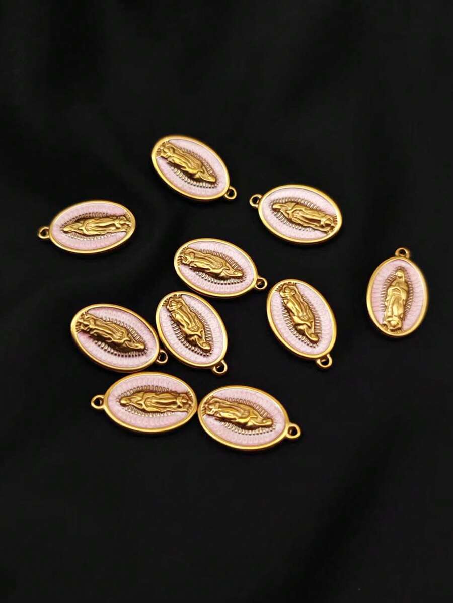 5/10pcs Stainless Steel 18K Gold Plated Oil-Drip Vintage French Portrait Virgin Mary Oval Pendant Set - Pink - View 1