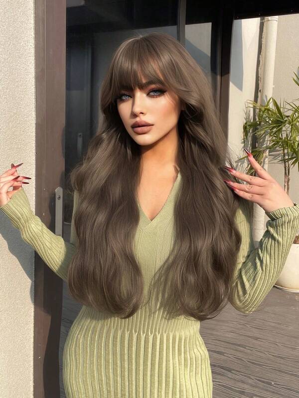 alicegarden 26-Inch Long Synthetic Wig Featuring A Natural Wavy Style In A A Stunning Chocolate-Brown. Designed With Bangs , This False Hairpiece Is Perfect For Ms Daily Party Cosplay Use, Offering A Natural And Natural Durable Wig Gift For Ladies.