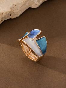 Set Perhiasan Gelang & Cincin Bertekstur Blok Warna Vintage, Gelang dan Cincin Enamel Geometris Tidak Beraturan Biru, Aksesori Fesyen Retro untuk Wanita Sehari-hari - Geometri 1 - View 9