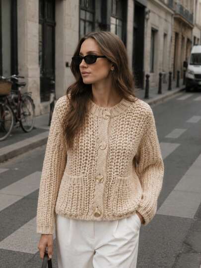 Women's Chunky Knit Hollow Out Cardigan, Large Metal Buttons, Pockets, Loose Long Sleeve Casual Short Sweater Jacket
