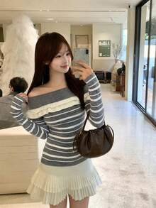 Women's Contrast Color Striped Off-Shoulder Ruffle Long Sleeve Knit Sweater, Slim Fit Flattering Pullover, Versatile For Autumn/Winter - Grey - View 3