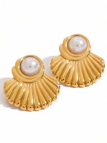 Uworld Ocean Vacation Style 18K Gold Plated Stainless Steel Waterproof Starfish Shell Stud Earrings Pearl Conch Earrings For Women - Yellow Gold - View 7