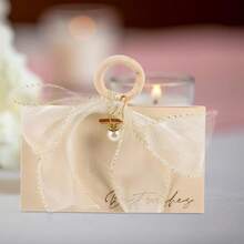 Party Box Packs,Wedding Favor Boxes Small Candy Container With Wooden Handle And Pearl Bow, Pearl White Bridal Shower Party Favor Packaging For Wedding Guests And Bridesmaids - Beige Box + Mesh + Pearl Brooch - View 4