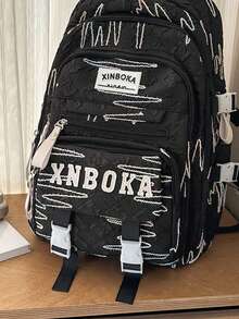 學生書包 白色線條印花絎縫布料 多隔層 英倫風 日常使用 青少年女孩 學生旅行包（不含配件） - 黑色 - 查看 5