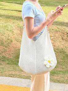 Crochet Floral Decor Colorful Square Crochet Strap Knit Shoulder Bag Open Closure Spacious Convenient Access Suitable For Travel Vacation Outing Commute Shopping - Beige - View 6