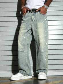 Celana Jeans Pria Streetwear Gaya Vintage dengan Hiasan Berlian Imitasi dan Potongan Lurus - Light Wash - View 1
