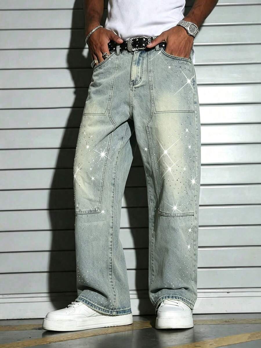 Celana Jeans Pria Streetwear Gaya Vintage dengan Hiasan Berlian Imitasi dan Potongan Lurus - Light Wash - View 1