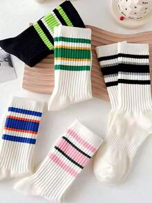 20/10/6/5/3/2/Pairs Sports Outdoor 5 Pairs Random Color Multi-Functional Striped Pattern Stacked Sports Socks, Mid-Calf Socks, Comfortable Breathable All-Purpose Socks, Women's Color-Block Socks And Stockings - Multicolor - View 3