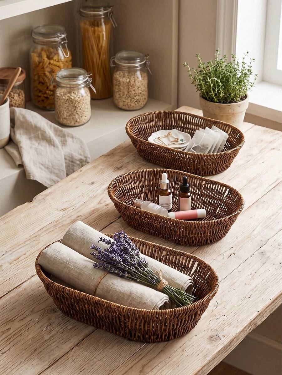 1pc Multi-Function Oval Woven Storage Basket, Plastic Rattan Design, Suitable For Storing Fruits, Snacks, Spoons, Flowers And Groceries, Shelf Basket, Home Decor