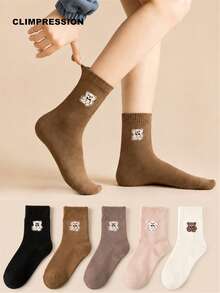 CLIMPRESSION Women Cute Bear Crew Socks, Casual Cotton Knit Socks, Lovely Cartoon Bear Knitting Mid‑Calf Socks For Daily Wear - Multicolor - View 2