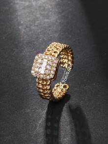 1pc Square Chain Style Women's Ring, Cubic Zirconia Inlaid, Gold And Silver Dual Color Open Adjustable Ring, Daily Wear, Gift For Girlfriend - Chain Link Rectangular Ring - View 6