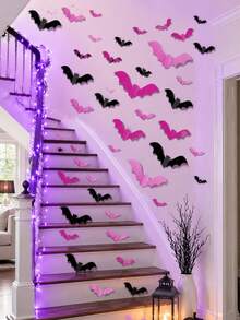 48/24/1pc-3D Pink Bat Decorations, 3D Bat Wall Stickers, Halloween Decor, Includes Pink Bat Stickers And Glue, Scary Halloween Party Supplies Stickers. Suitable For Bedroom, Bathroom, Home, Door, Window, Office. Cute Halloween Decorations, Suitable For Indoor Ghost Theme Environment. - Multicolor - View 2