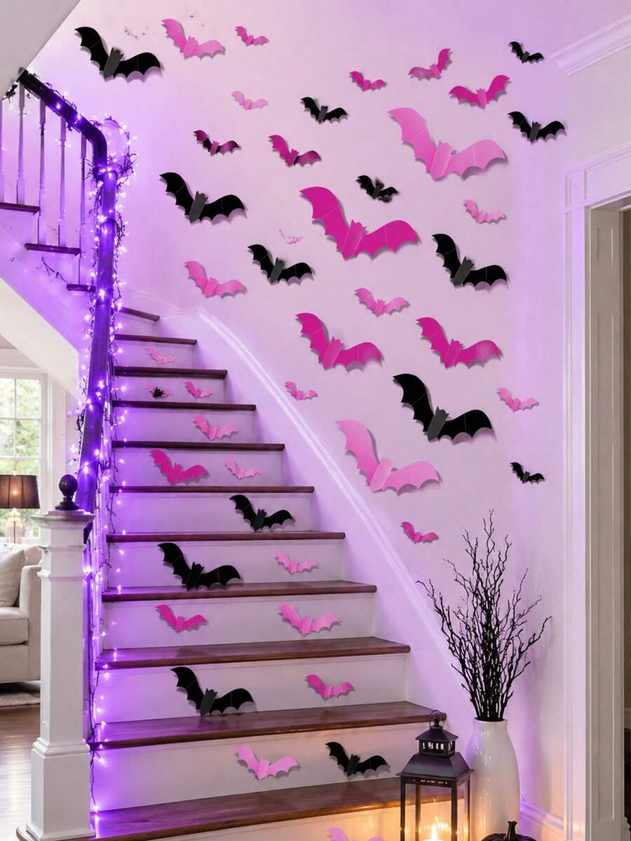 48/24/1pc-3D Pink Bat Decorations, 3D Bat Wall Stickers, Halloween Decor, Includes Pink Bat Stickers And Glue, Scary Halloween Party Supplies Stickers. Suitable For Bedroom, Bathroom, Home, Door, Window, Office. Cute Halloween Decorations, Suitable For Indoor Ghost Theme Environment.