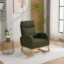 Mid‑Century Modern Teddy Fabric Rocking Chair, Ergonomic Padded Rocker Armchair With Side Storage Pocket, Solid Wood Rocking Legs For Living Room, Bedroom, Reading Nook - Green - View 3