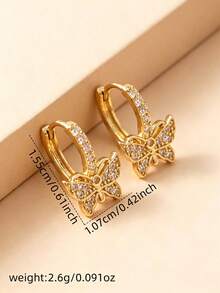 CHICAT 1 Pair Elegant Fashion Micro-Inlaid Zirconia Gold-Tone Butterfly Hoop Earrings For Women, Sparkling Crystal Butterfly Pendant Stud Earrings, Statement Jewelry For Party, Date Night And Daily Wear - Gold - View 5